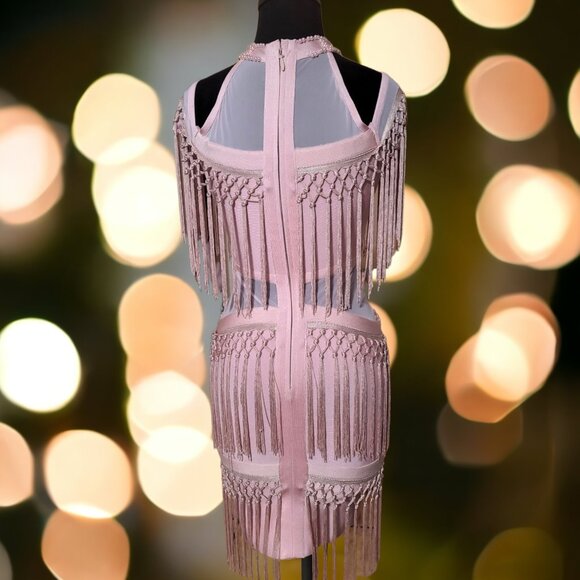 Pink Off the Shoulder Pearl Fringe Tassel Body-Con Halter Short Dress - Picture 7 of 10